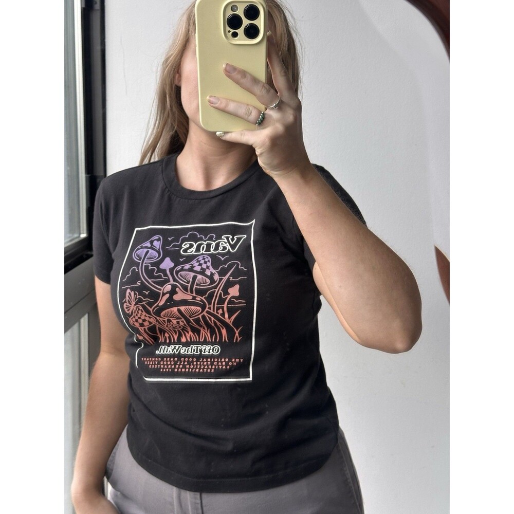 VANS Off The Wall Black Mushroom Graphic Logo Cotton Crew Neck T-Shirt XS